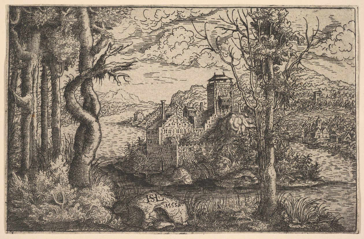 Ansicht auf einem Fluss, mit einer Burg auf einer Insel von Hans Sebald Lautensack