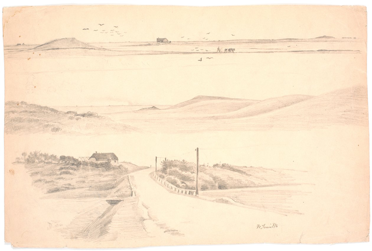 Studienblatt mit drei Landschaften aus Jütland. Oben: Landschaft mit Acker; Mitte: Landschaft mit hohen Hügeln; Unten: Landschaft mit Haus und Weg von Hans Smidth