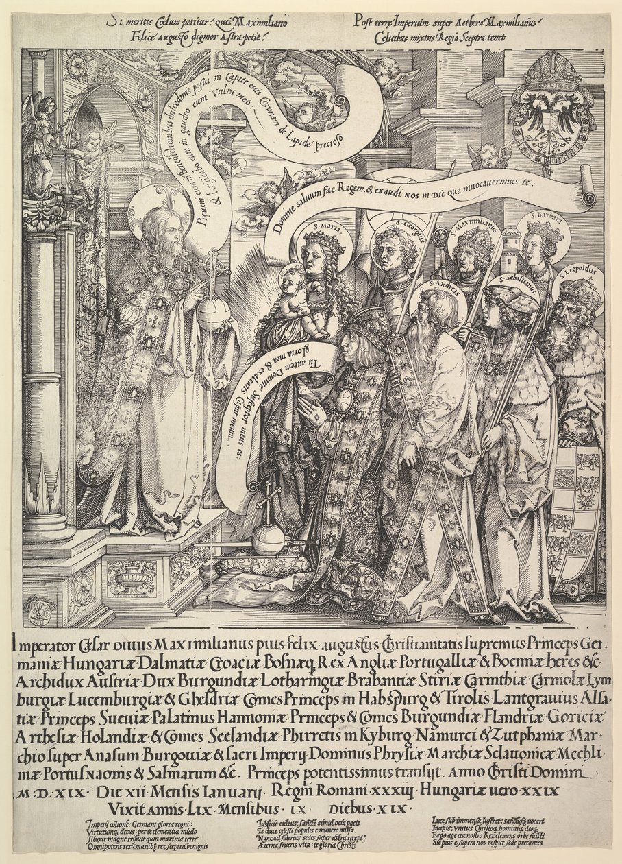 Maximilian, präsentiert von seinen Schutzheiligen dem Allmächtigen, 1519 von Hans Springinklee