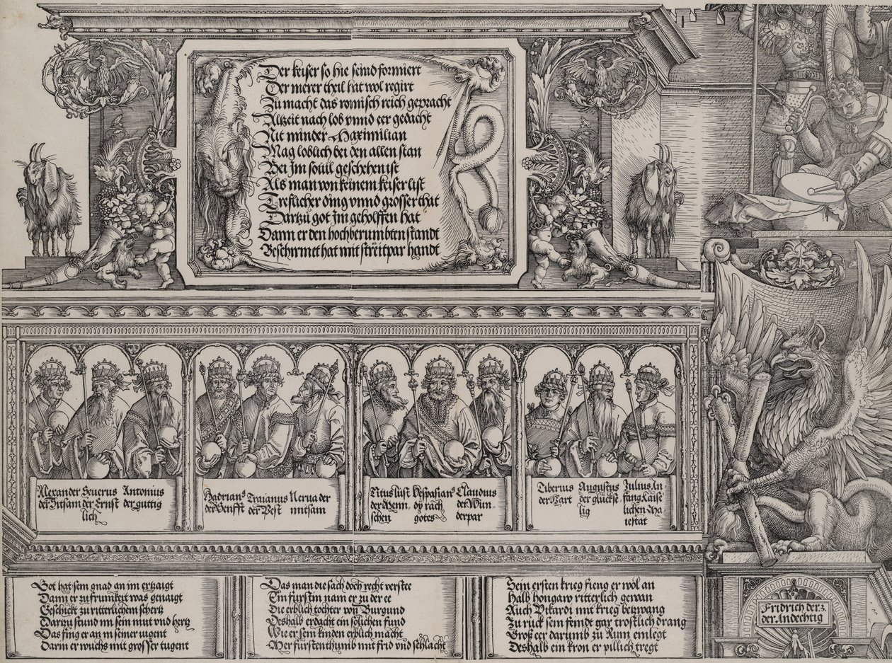 Der obere Abschnitt des linken Portals, mit der Inschrift auf einer Löwenhaut, ein Fries mit B..., 1515 von Hans Springinklee
