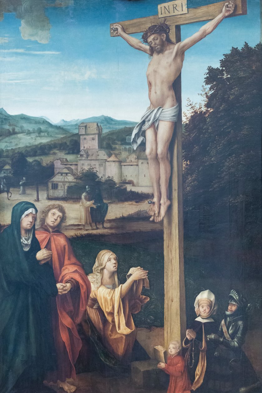 Christus gekreuzigt mit Maria, Heiliger Johannes, Heiliger Maria Magdalena und Stiftern von Hans Suess Kulmbach