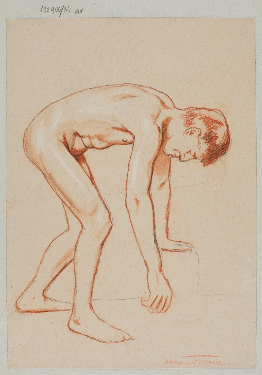 Akt eines jungen Mannes, der sich nach vorne beugt, im Profil dargestellt von Hans Thoma