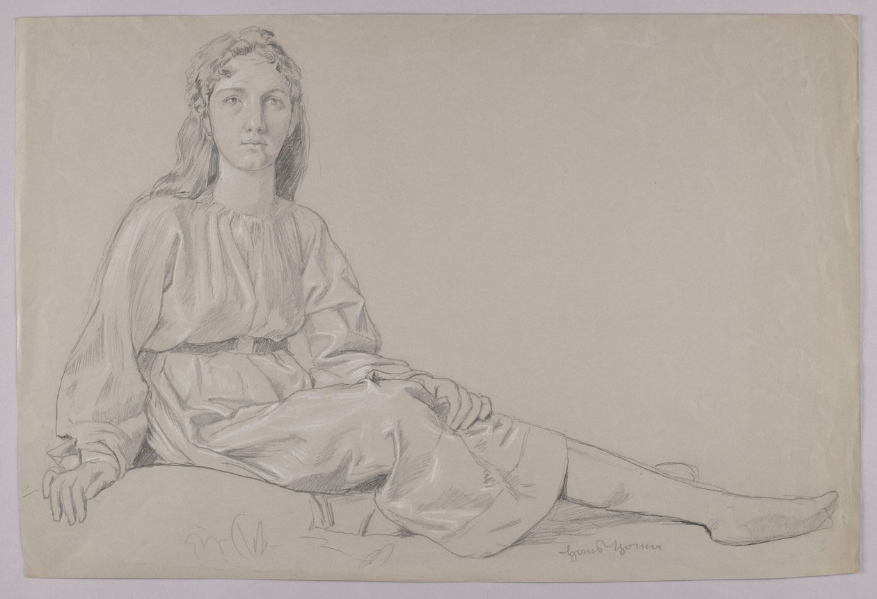 Junge Frau in Tunika, auf dem Gras sitzend von Hans Thoma