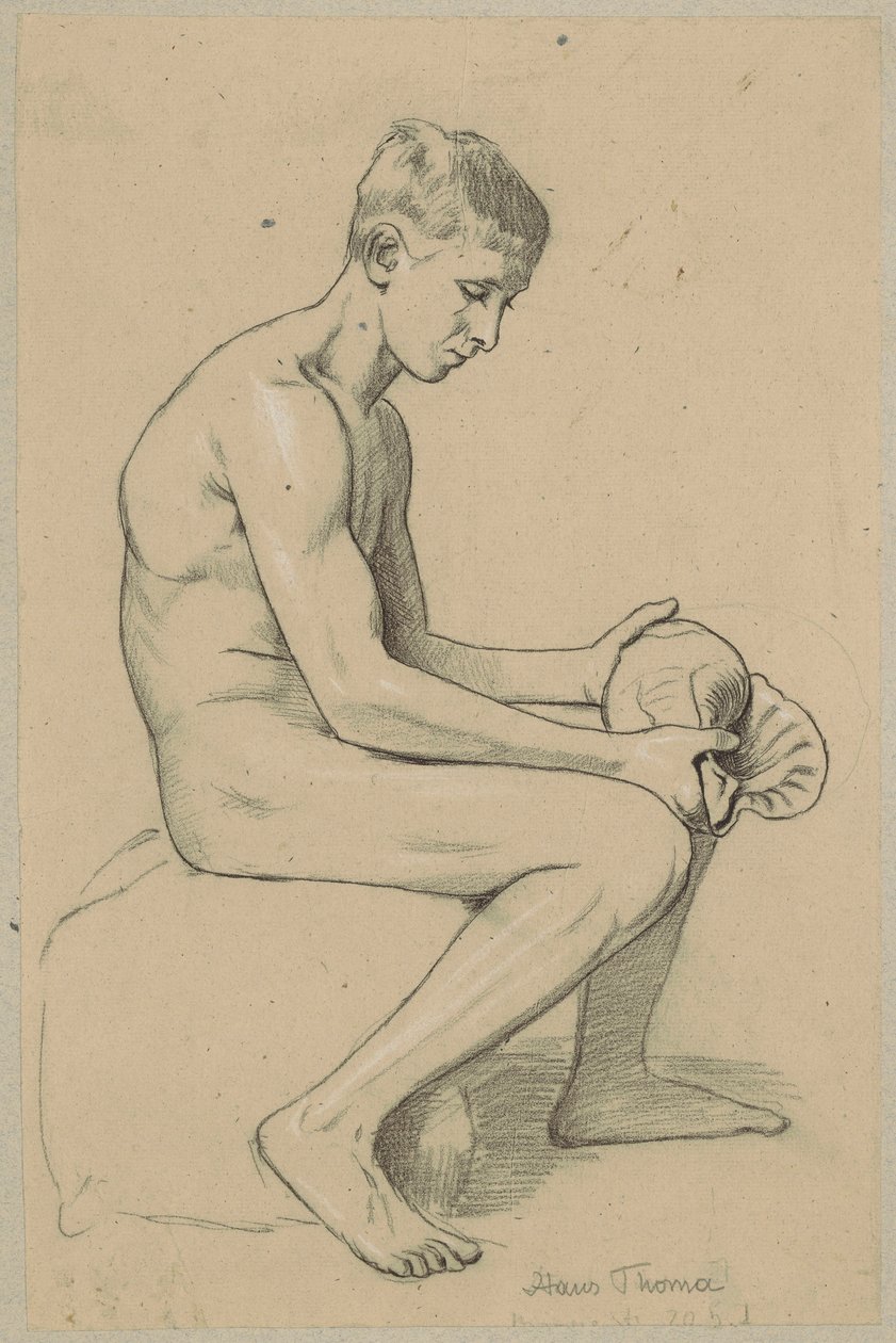 Nackter Jüngling mit Muschel, sitzend auf einem Stein von Hans Thoma