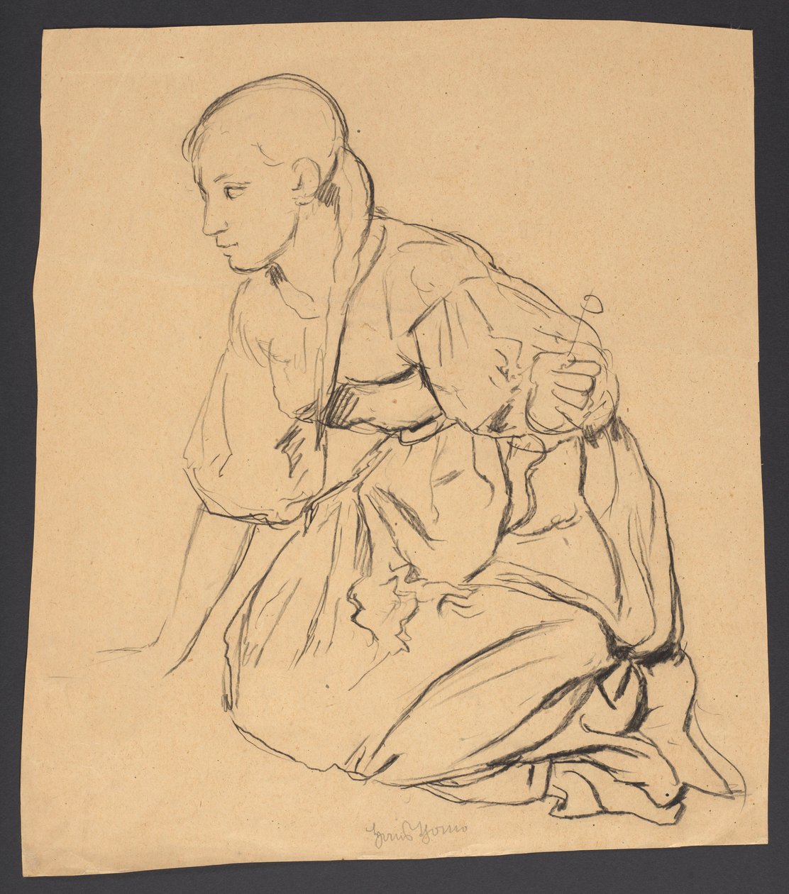 Studie eines Mädchens, das auf einer Wiese kniet von Hans Thoma