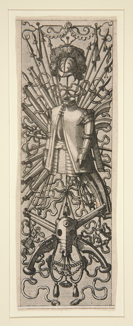 Ein Blatt aus einem Satz von 16 Paneeldekorationen und Friesen mit Trophäen von Hans Vredeman de Vries