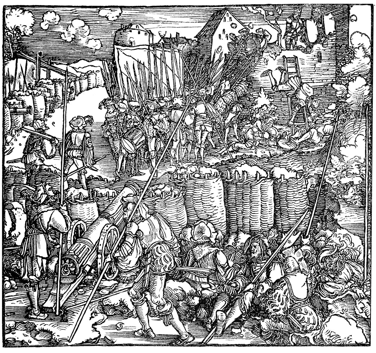 Belagerung einer Festung. Illustration aus dem Buch Phisicke Against Fortune von Petrarca, 1532 von Hans Weiditz the Younger