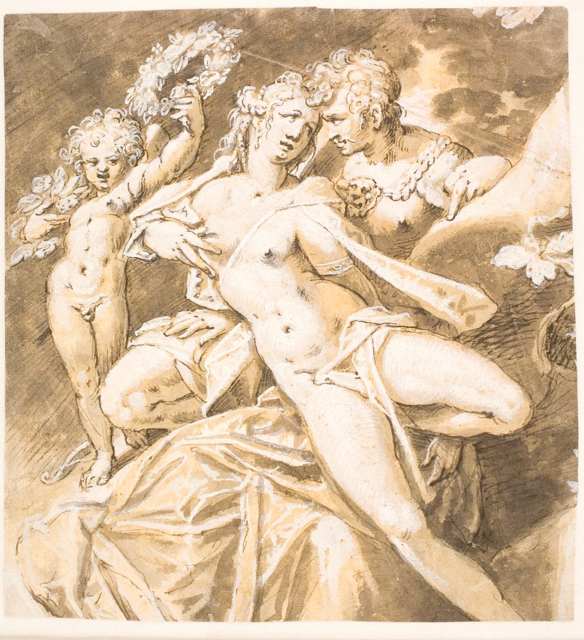 Mars liebkost Venus; links ein Amor, der ihr einen Kranz reicht von Hans von Aachen