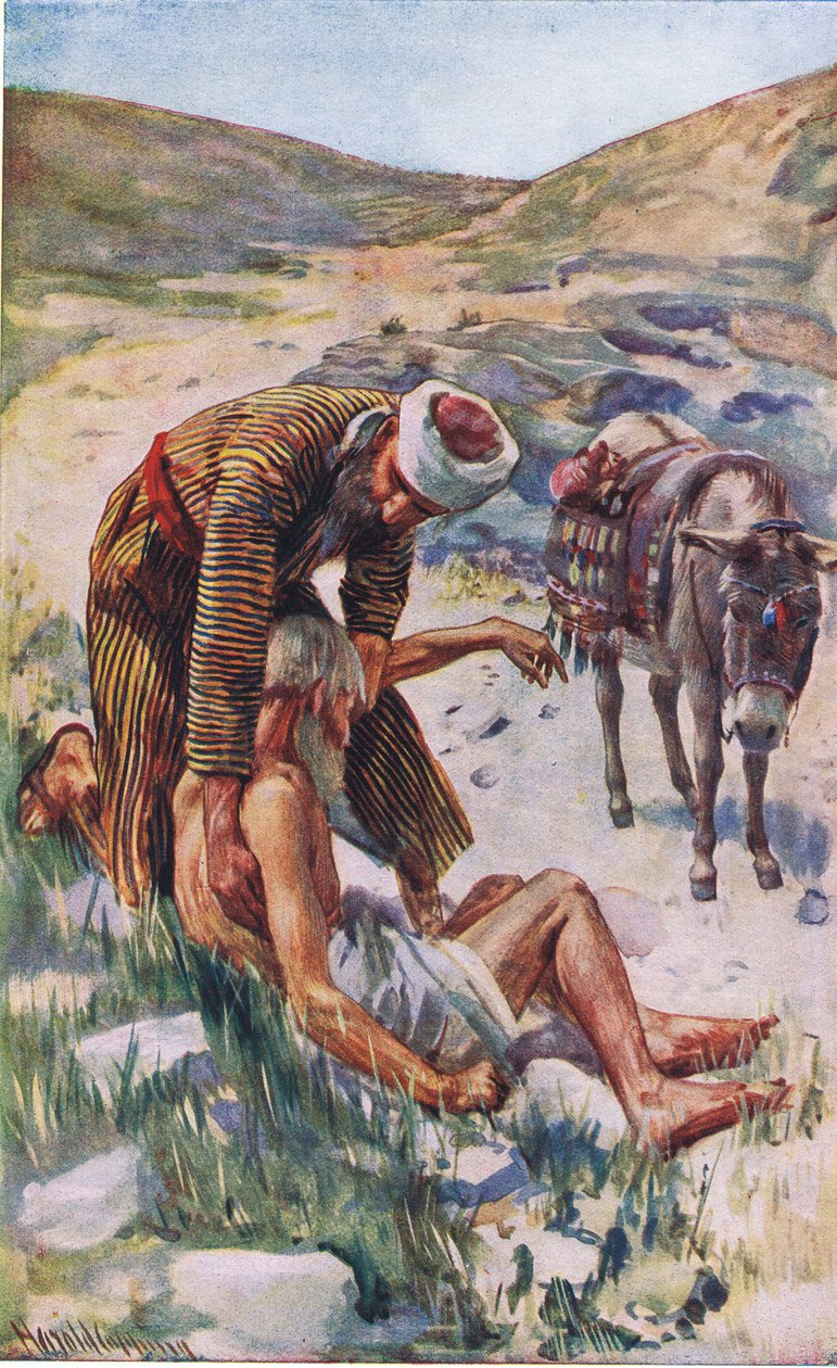 Der barmherzige Samariter, Illustration aus Harold Copping Bilder: Die Kronenserie, ca. 1920er Jahre von Harold Copping