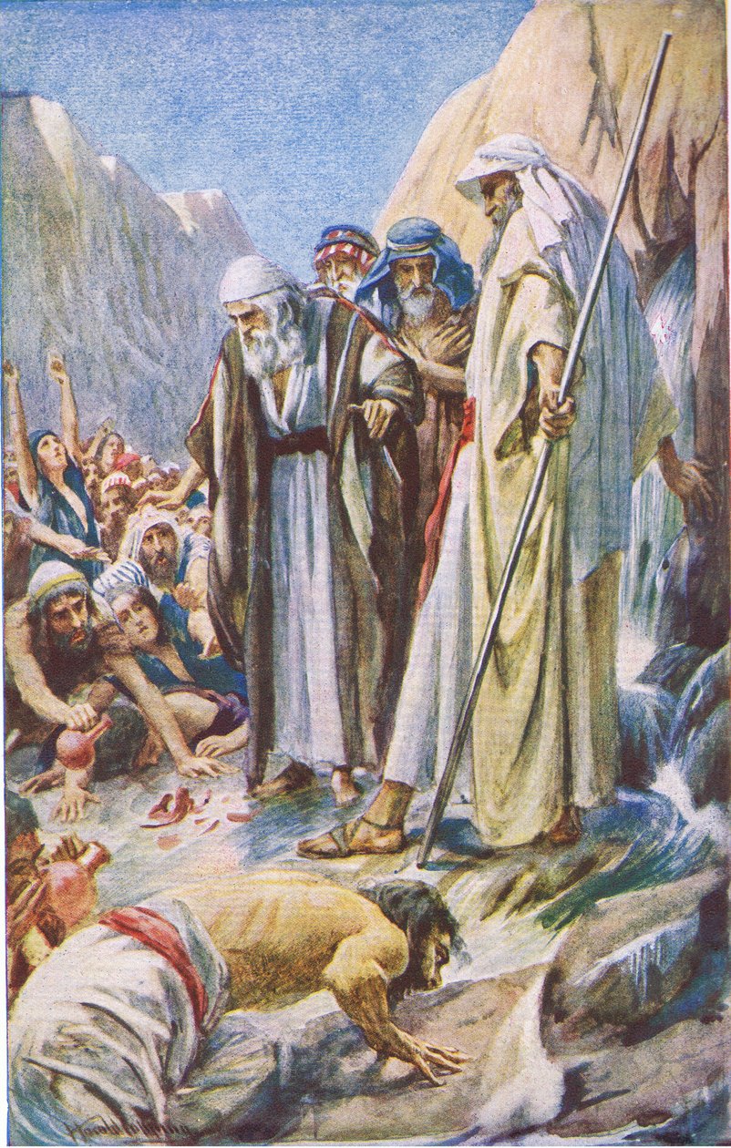 Das Schlagen des Felsens, Illustration aus Pictures That Teach The Crown Series, 1920 von Harold Copping