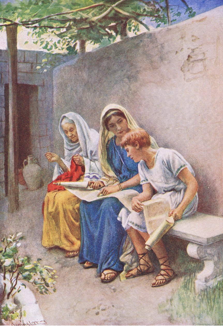 Timotheus wird die Schrift gelehrt, Illustration aus Harold Copping Bilder: Die Kronen-Serie, ca. 1920er von Harold Copping