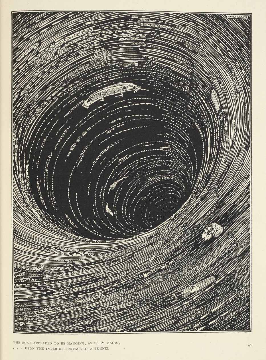 "Das Boot schien zu hängen, ... an der inneren Oberfläche eines riesigen Trichters." Illustration zur Geschichte 