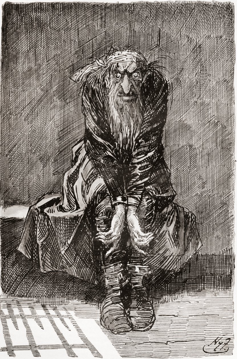 Fagin in der Todeszelle. "Er setzte sich auf eine Steinbank gegenüber der Tür, die als Sitz und Bett diente, und warf seine blutunterlaufenen Augen auf den Boden, um seine Gedanken zu sammeln." Illustration von Harry Furniss für den Roman von Charles Dicke von Harry Furniss
