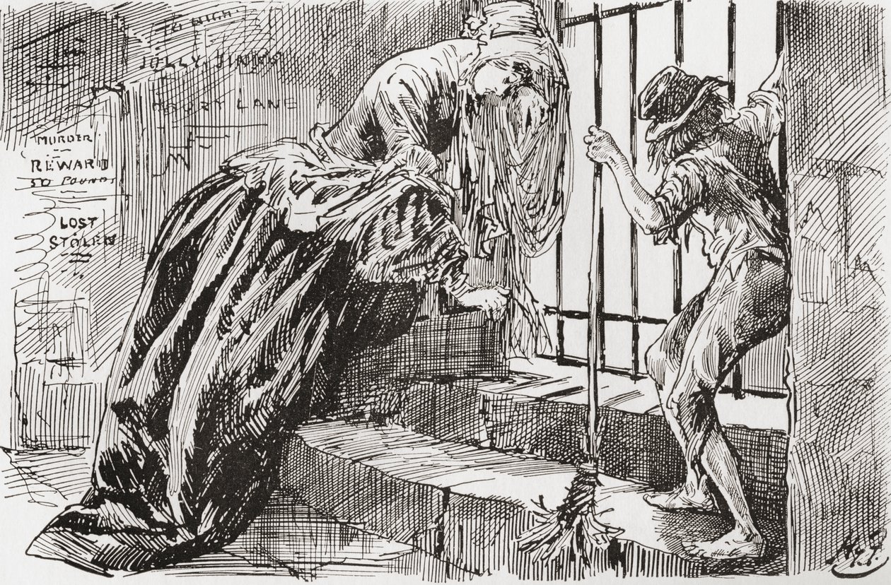 Lady Dedlock und Jo. "Er wurde dort hingebracht," sagt Jo, hält sich an den Gittern fest und schaut hinein, während Lady Dedlock in eine Ecke schrumpft. Illustration von Harry Furniss für den Charles Dickens Roman Bleak House, aus der Testimonial Edition,  von Harry Furniss