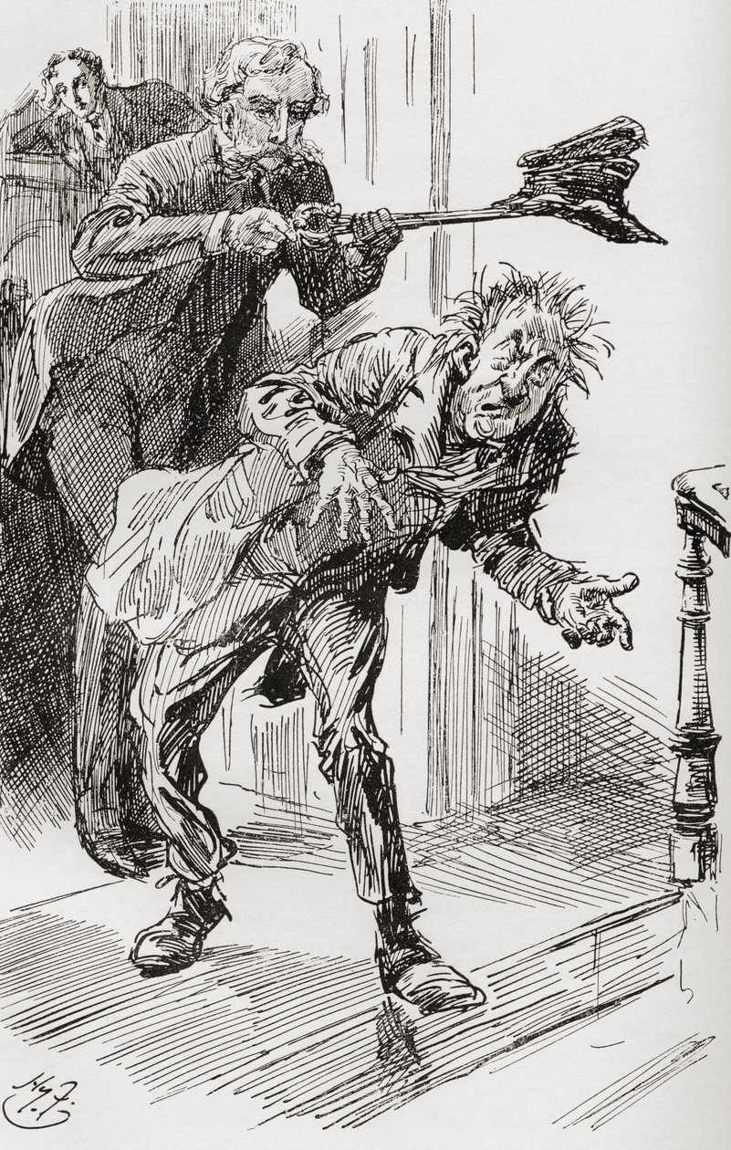 Mr. Wrayburns Methode der Ausweisung. "Die Tatsache, dass Mr. Dolls eine Neigung zeigte, einzuschlafen, was einen längeren Aufenthalt auf dem Gelände drohte, erforderte energische Maßnahmen. Also nahm Eugene seinen abgenutzten Hut mit der Zange, setzte ihn von Harry Furniss