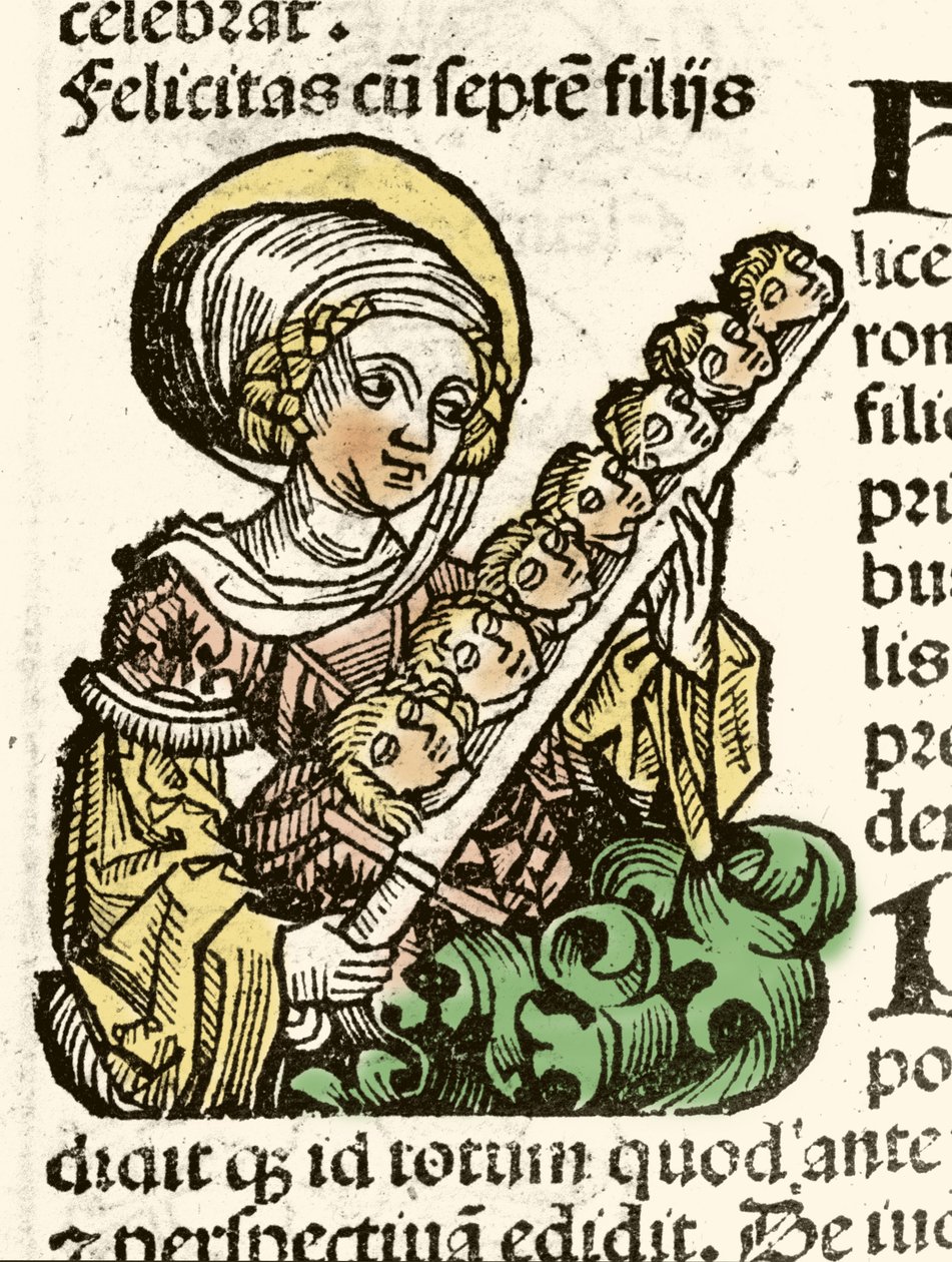 Darstellung der heiligen Felicitas, Martyrium in Rom mit den Köpfen ihrer sieben Kinder. Holzschnitt von Hartmann Schedel „Chronik von Nürnberg“ 1493 von Hartmann Schedel