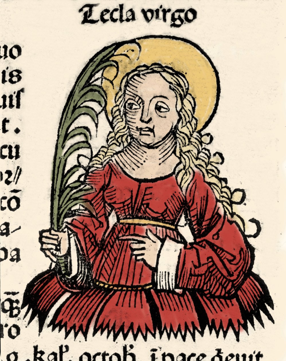 Darstellung der Jungfrau und des Martyriums der Thekla von Ikonium (Santa Tecla) Holzschnitt aus „Chronicles of Nuremberg“ von Hartmann Schedel von Hartmann Schedel