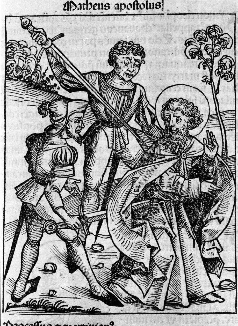 Darstellung des Evangelisten Matthäus. Gravur aus „Liber chronicarum“ (Nürnberger Chroniken) von Hartmann Schedel 1493 von Hartmann Schedel