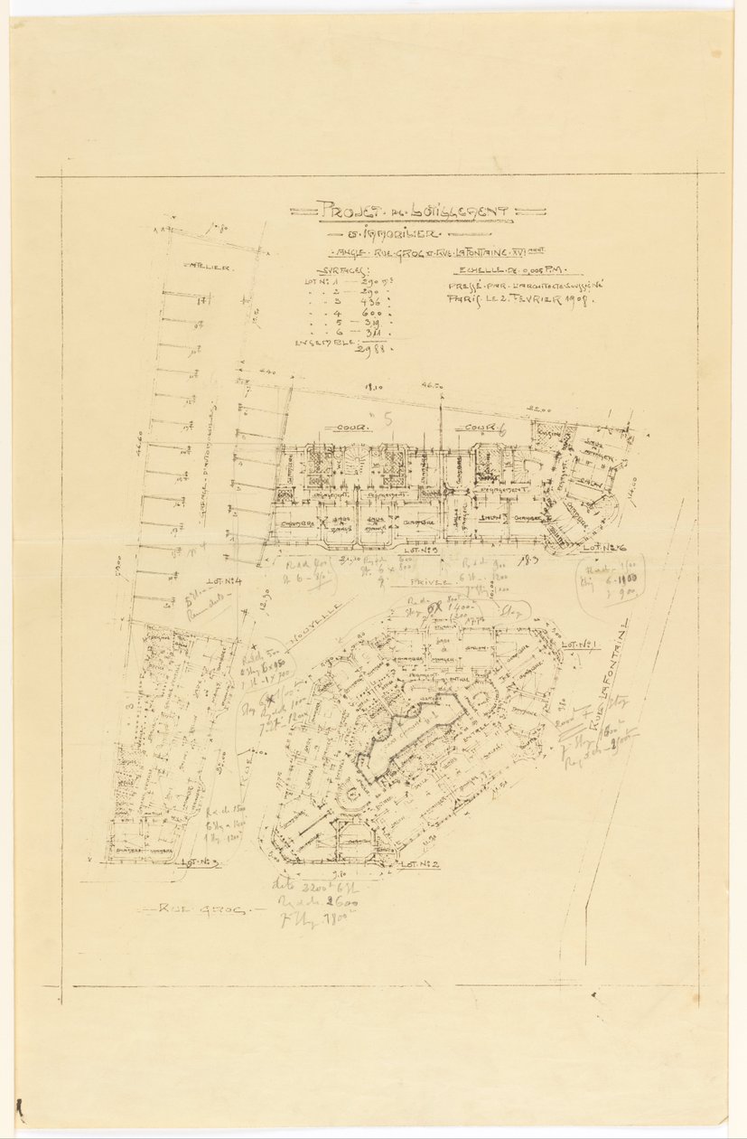 Plan, Projekt de Lotillement, rue Gros und rue de la Fontaine, Paris von Hector Guimard