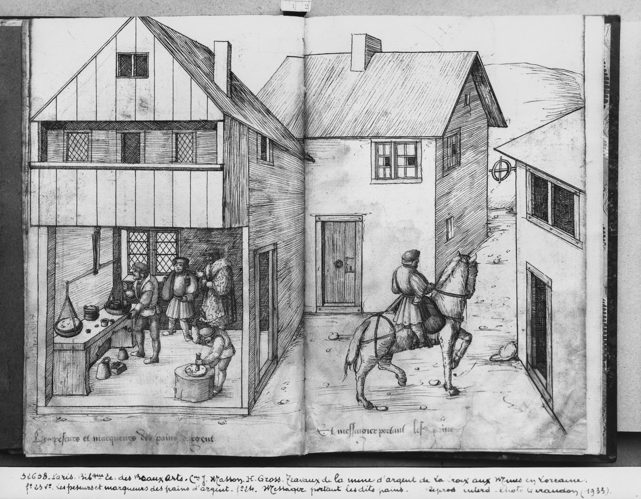 Silbermine von La Croix-aux-Mines, Lothringen, fol.23v und fol.24r, Wiegen und Prägen der Silberbarren, ein Bote trägt die Barren, ca. 1530 von Heinrich Gross or Groff