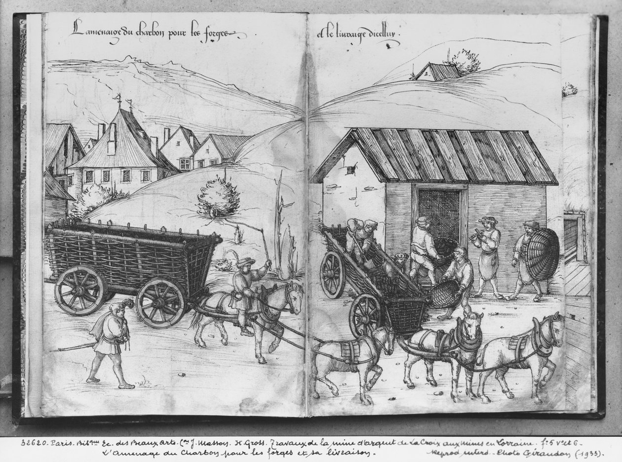 Silbermine von La Croix-aux-Mines, Lothringen, fol.5v und fol.6r, Kohletransport für die Schmieden, ca. 1530 von Heinrich Gross or Groff