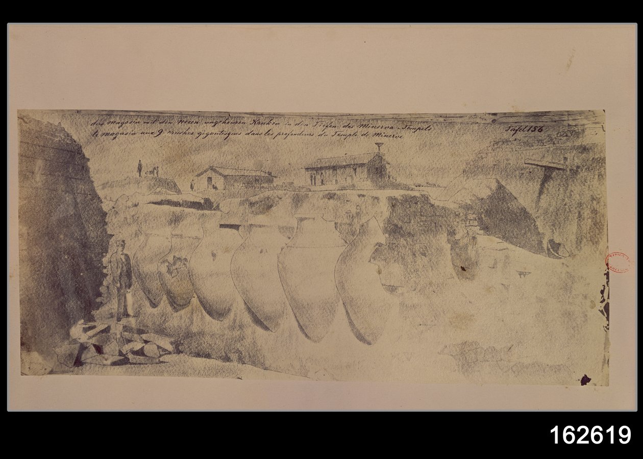 Skizze eines Ladens mit neun riesigen Amphoren in den unteren Ebenen des Tempels der Minerva, aus den Troja-Ausgrabungen von Heinrich Schliemann