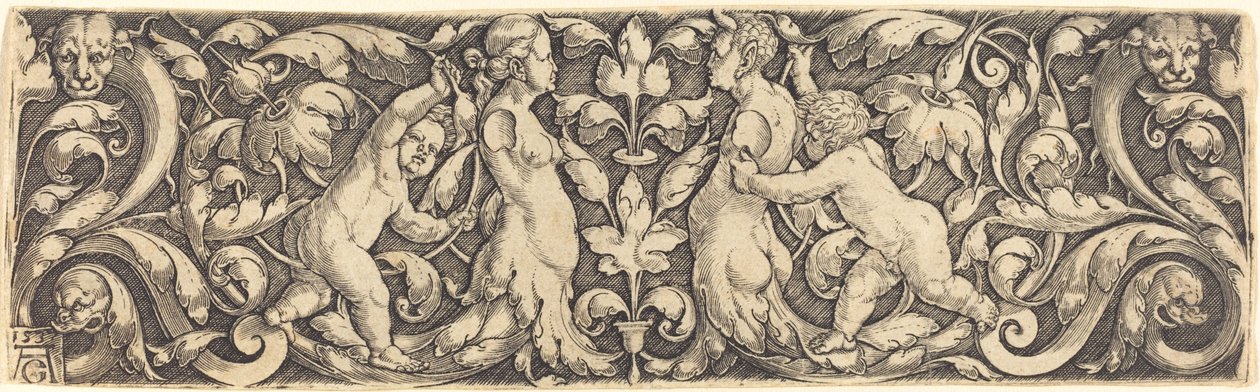 Kreuzpaneel mit Weinrebe in der Mitte und Tritonenpaar von Heinrich Aldegrever