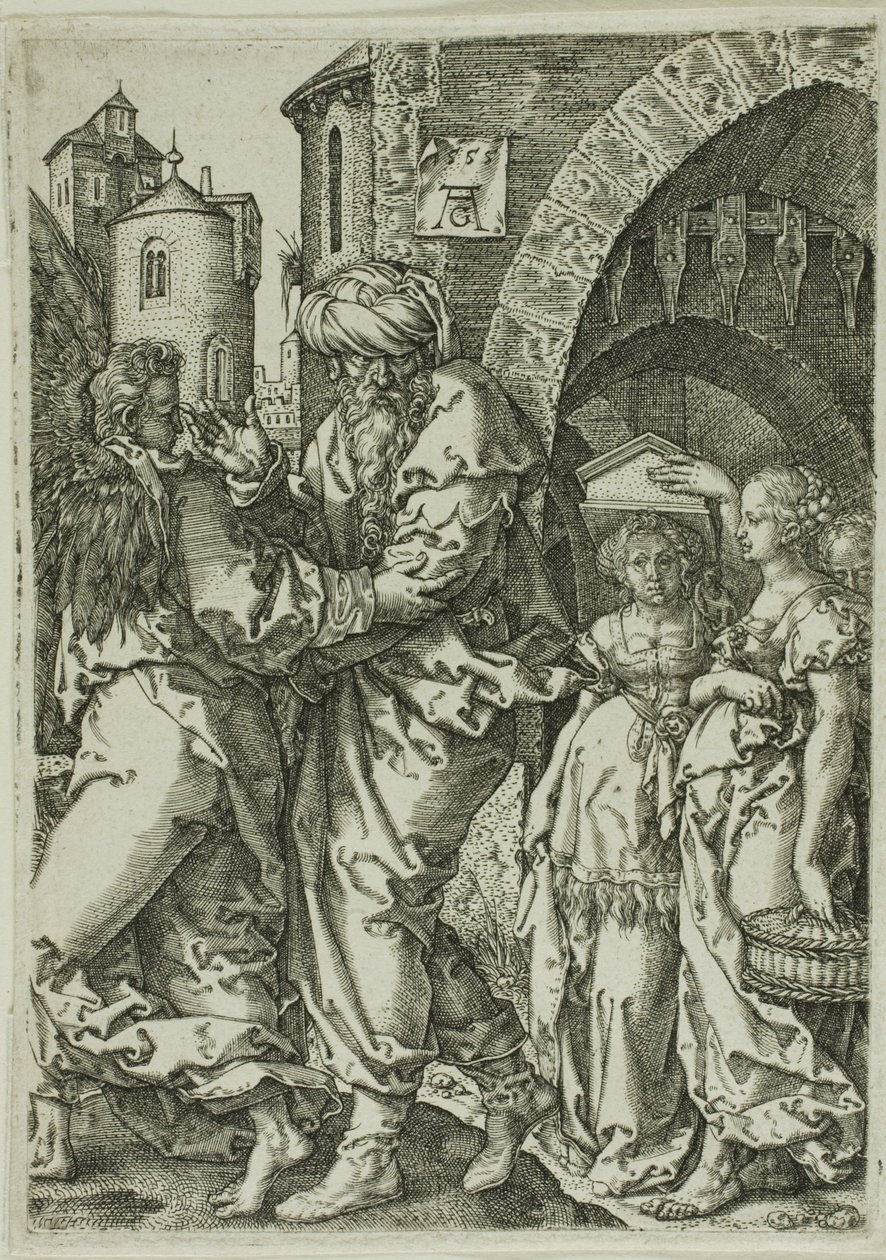 Lot und seine Familie fliehen aus Sodom, aus Die Geschichte von Lot von Heinrich Aldegrever
