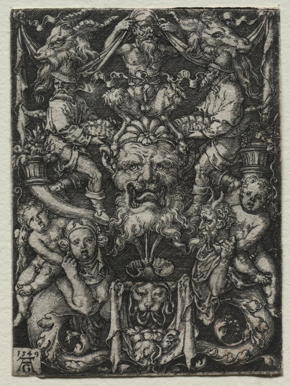 Ornamentdesign mit einer Maske, einem Paar Tritonen und zwei Kindern darunter, 1549 von Heinrich Aldegrever