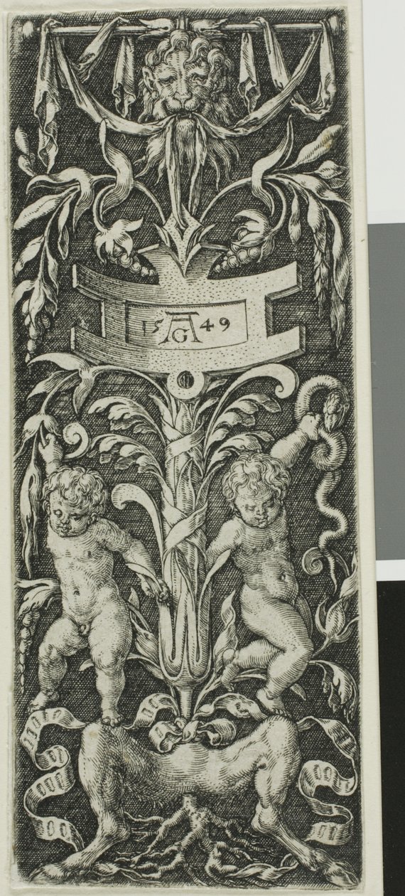 Ornamenttafel mit zwei nackten Jungen, die auf den Beinen eines Satyrs stehen von Heinrich Aldegrever