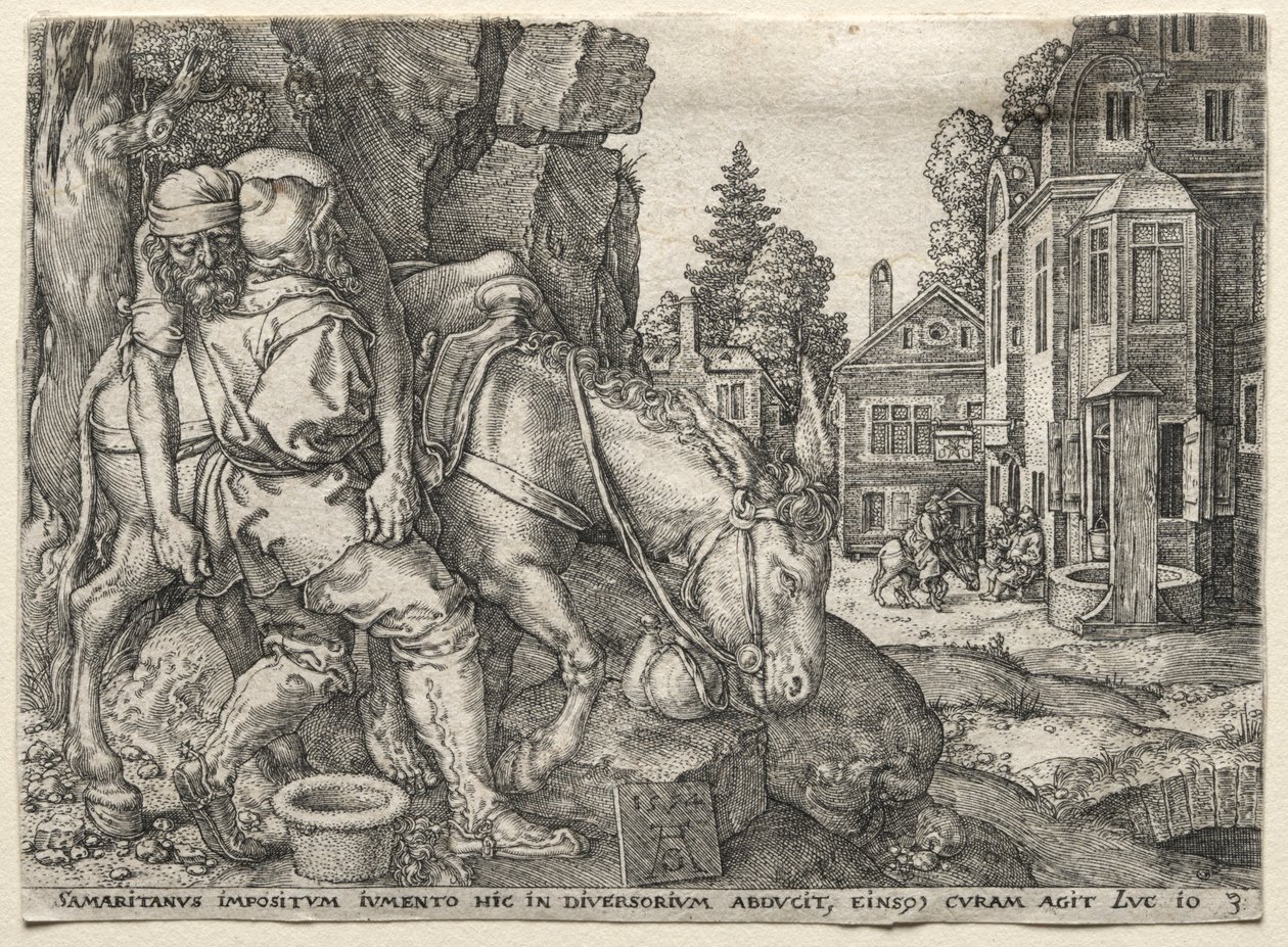 Das Gleichnis vom barmherzigen Samariter: Der barmherzige Samariter setzt den Reisenden auf seinen Esel, 1554 von Heinrich Aldegrever