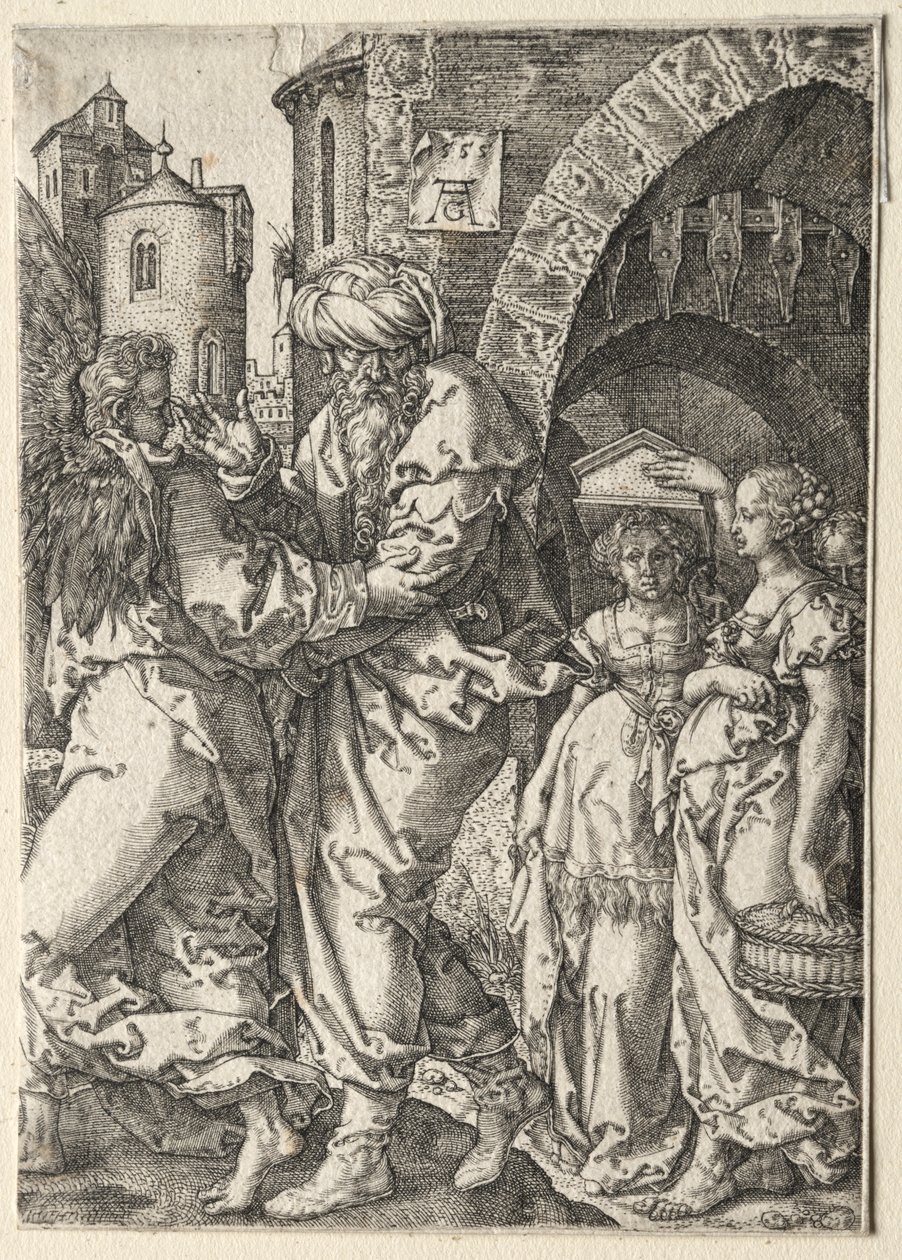 Die Geschichte von Lot: Lot und seine Familie fliehen aus Sodom von Heinrich Aldegrever