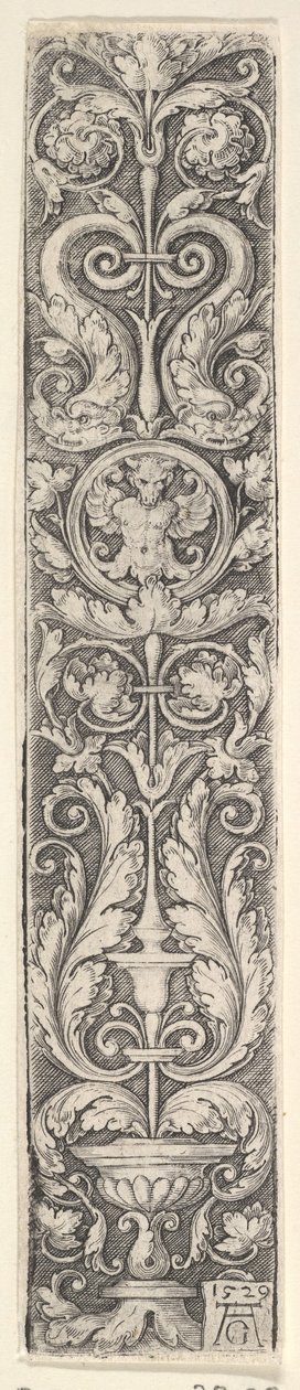 Vertikales Panel mit einem Kandelaber, der ein Medaillon mit einem Zentaur und einem Paar Dolp... enthält, 1529 von Heinrich Aldegrever