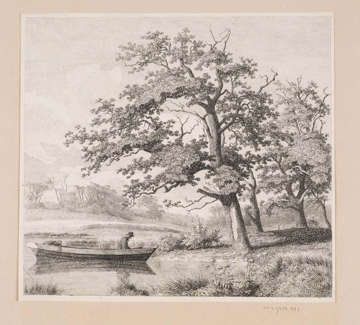 Landschaft mit Eichen am See, wo man einen alten Mann in einem Boot sieht von Heinrich Buntzen