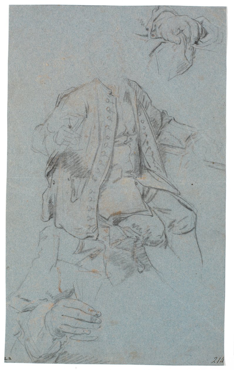 Studie eines sitzenden Mannes (Kopf nur angedeutet) sowie zwei Detailstudien von Händen von Heinrich Dittmers