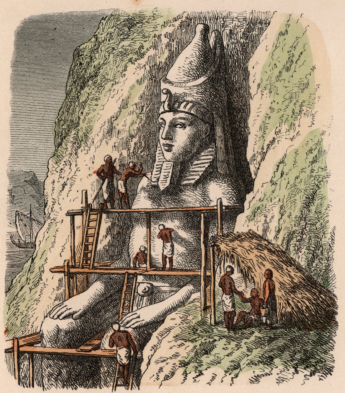 Antikes Ägypten: Eine Statue des Abu Simbel Tempels schnitzen, 1866 von Heinrich Leutemann
