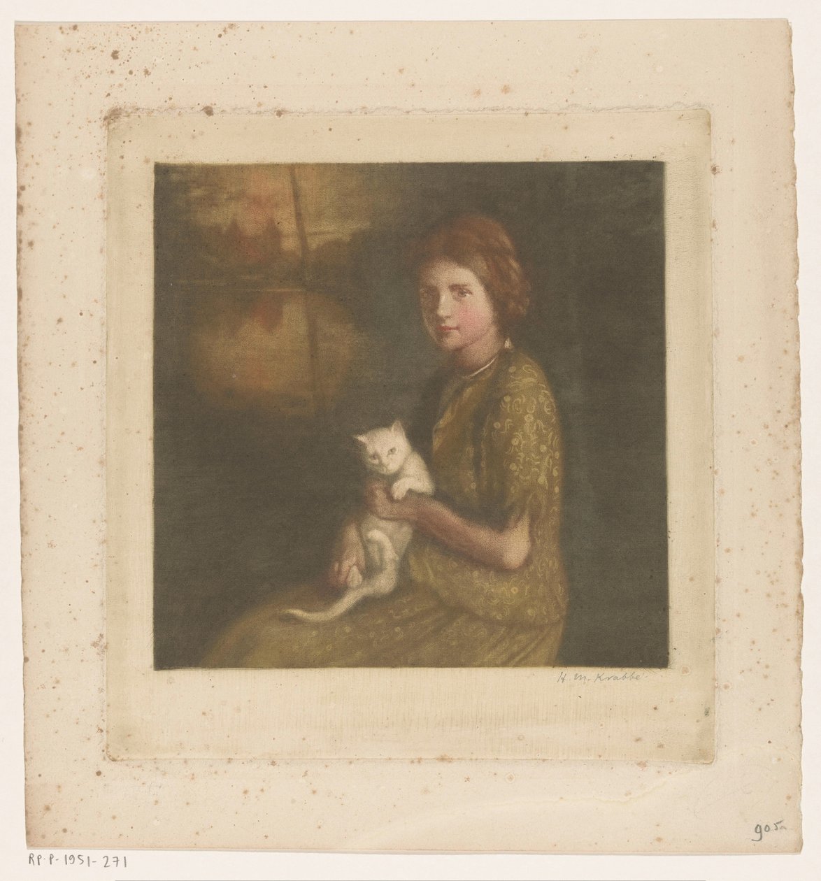 Mädchen mit einer Katze auf dem Schoß von Heinrich M. Krabbé (signed by artist)