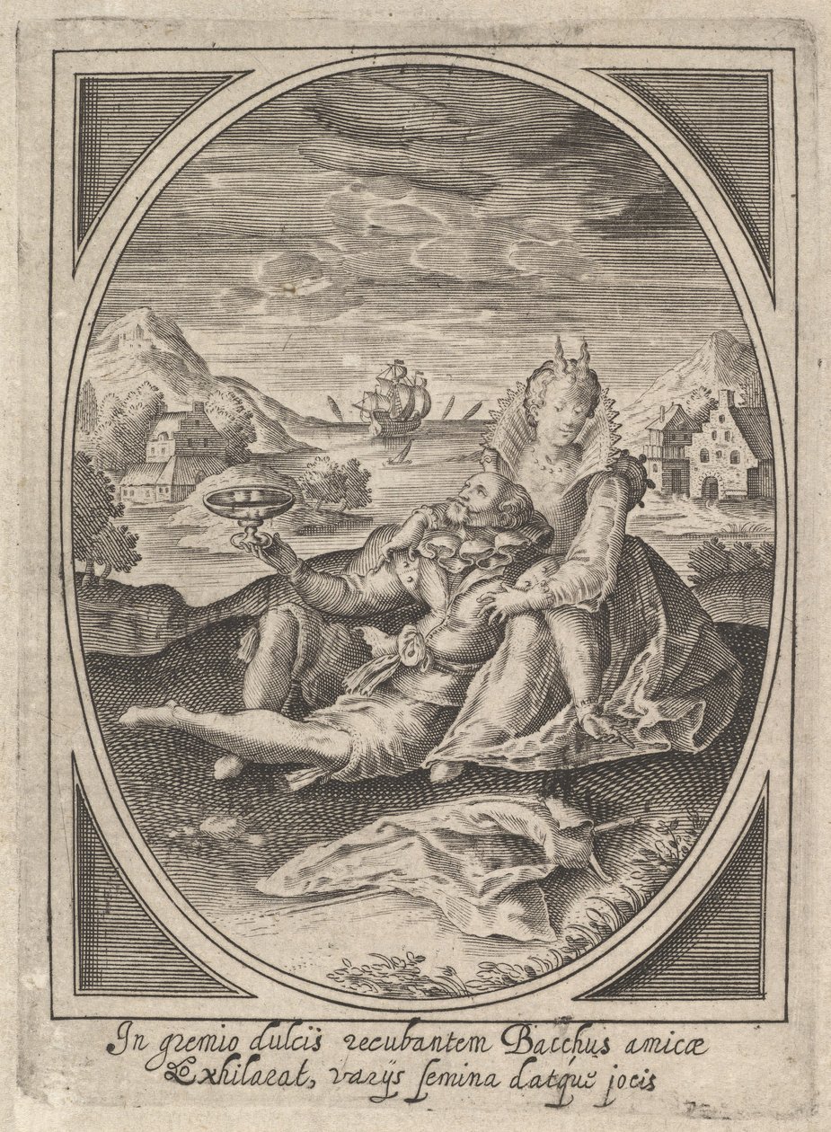 Ein Paar sitzt auf dem Boden, der Mann hält einen Becher und lehnt sich an, ca. 1585-1621 von Heinrich Ulrich
