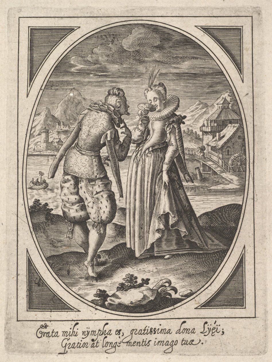 Ein Mann tritt auf eine Frau zu, die einen Becher an den Mund hält, eine Wassermühle und ein Berg..., ca. 1585-1621 von Heinrich Ulrich