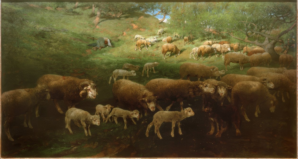 Schafherde mit Lämmern von Heinrich von Zügel