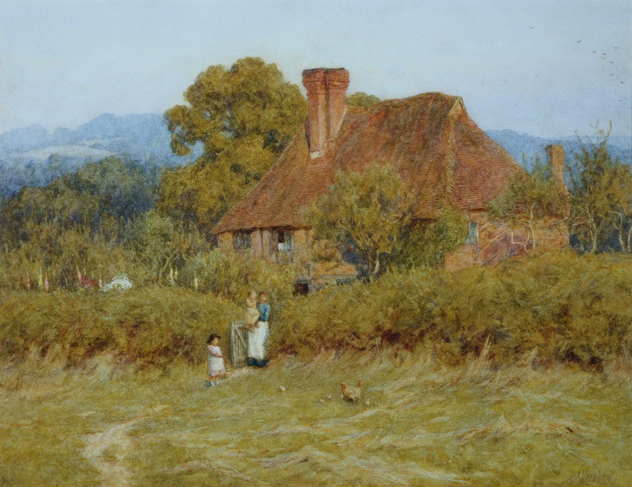 Hütte in Broadham Green, Surrey, im Sonnenuntergang von Helen Allingham