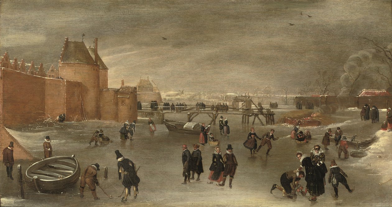 Schlittschuhläufer, Kolfspieler und Schlitten auf einem zugefrorenen Fluss in der Nähe des Stadttores St. Janspoort, mit dem Kruispoort im Hintergrund und der Pinkenmühle dahinter, Haarlem von Hendrick Avercamp (studio of)