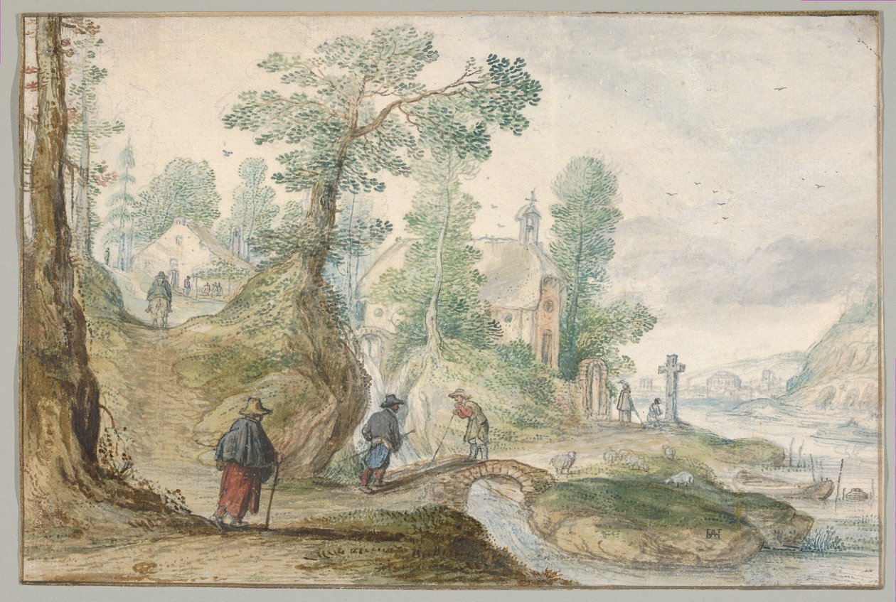 Bewaldete Flusslandschaft mit Kirche und Figuren von Hendrick Avercamp