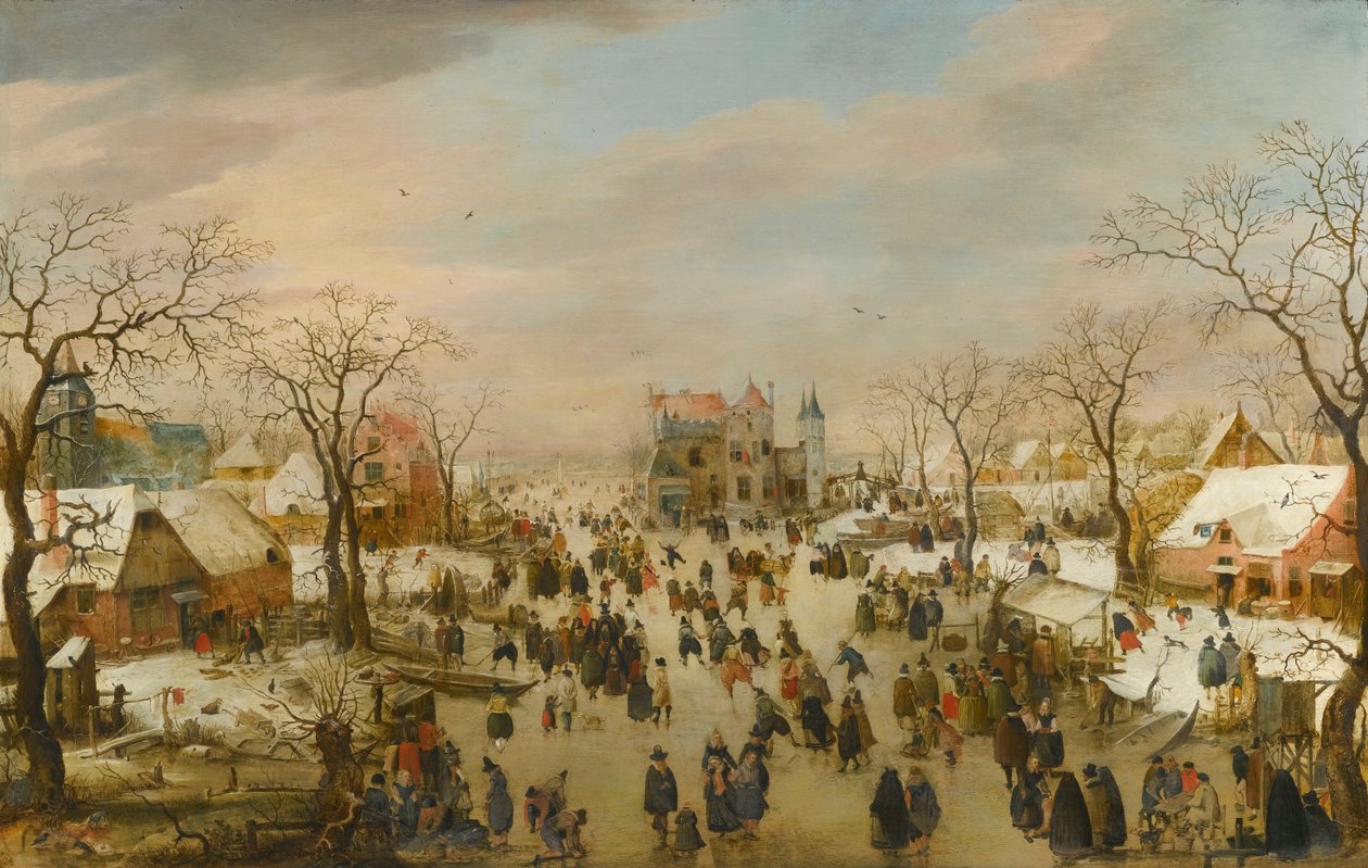 Panorama-Winterlandschaft mit vielen Figuren auf einem zugefrorenen Fluss von Hendrick Avercamp