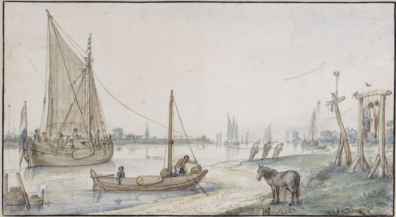 Flusslandschaft, mit getreideltem Segelschiff, vorne rechts Galgen mit zwei Gehenkten von Hendrick Avercamp