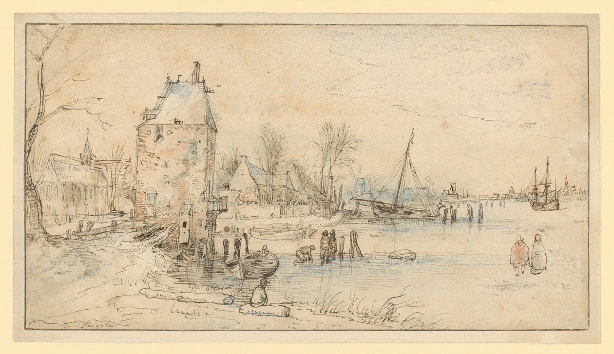 Ortschaft mit Wachtturm und Kirche am Seeufer von Hendrick Avercamp