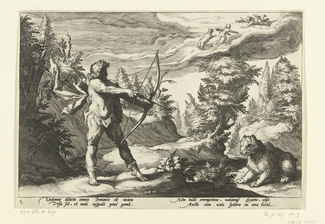 Arcas zielt mit seinem Pfeil auf Callisto von Hendrick Goltzius (workshop of)