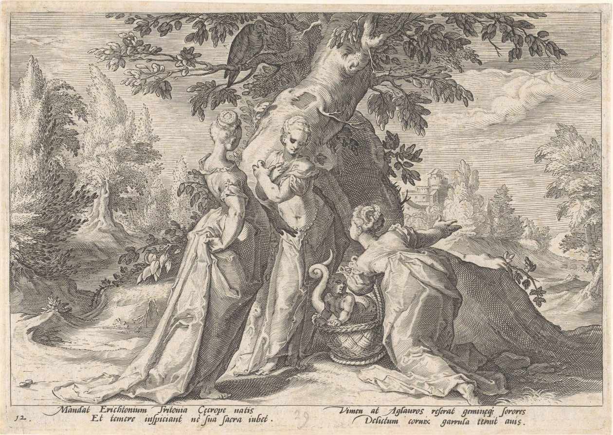 Töchter des Cecrops öffnen den Korb der Minerva von Hendrick Goltzius (workshop of)