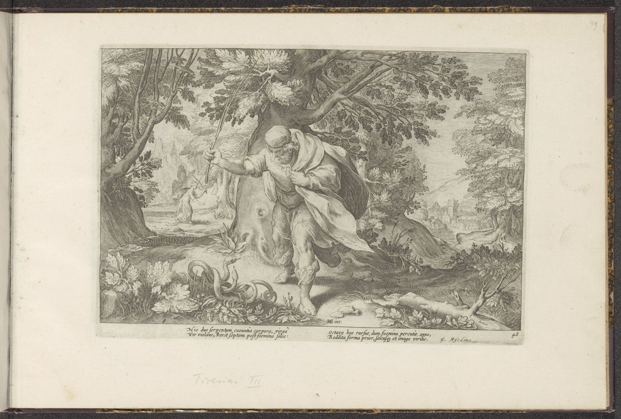 Tiresias schlägt zwei paarende Schlangen von Hendrick Goltzius (workshop of)