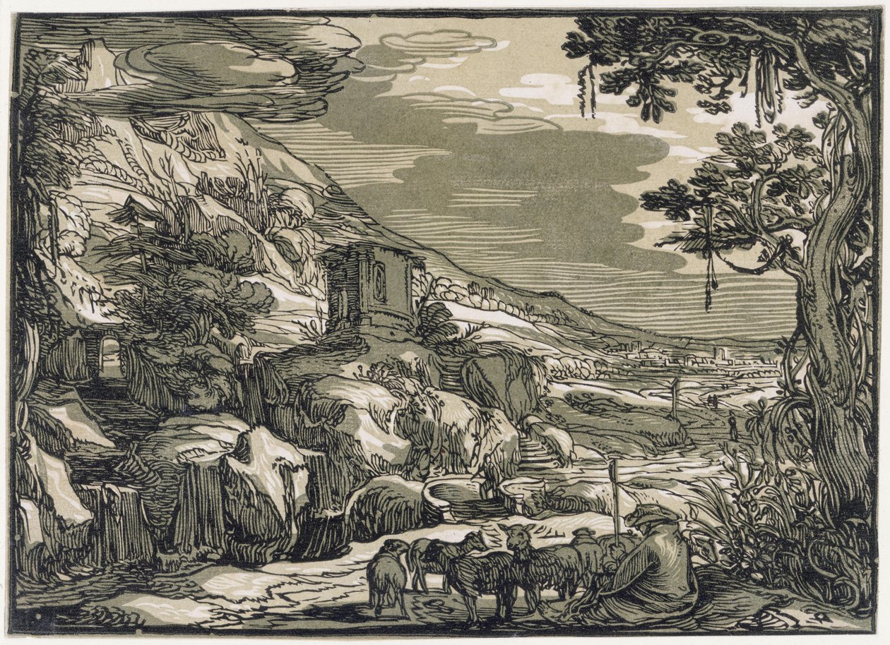 Arkadische Landschaft mit einem Schäfer von Hendrick Goltzius